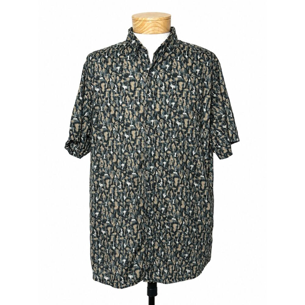 Eddie Bauer Fly Fishing Print Shirt Tall 2XL Cotton Button Front Camp Shirt